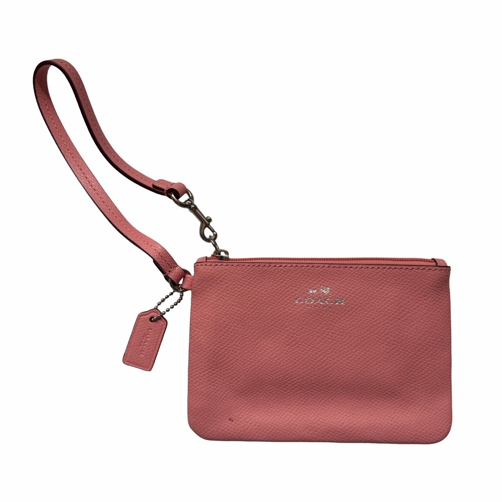 Coach Pebbled Leather Zip Top Pouch Wristlet‎ Pink Wallet F52850